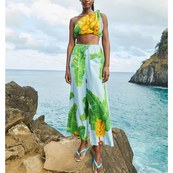 FARM Rio Pants - Farm Rio Fresh Green Linen Bananas Pants Size S